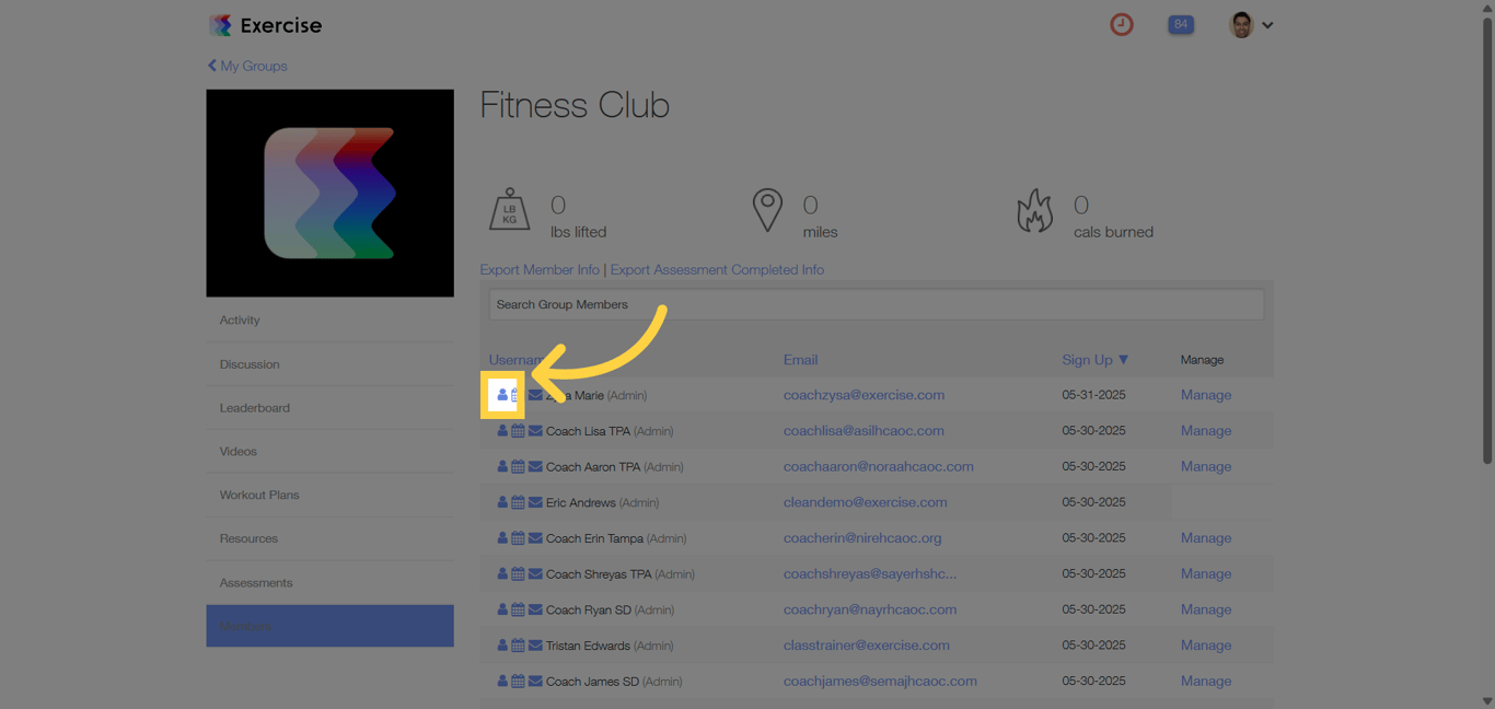 Open a member profile from the Members tab