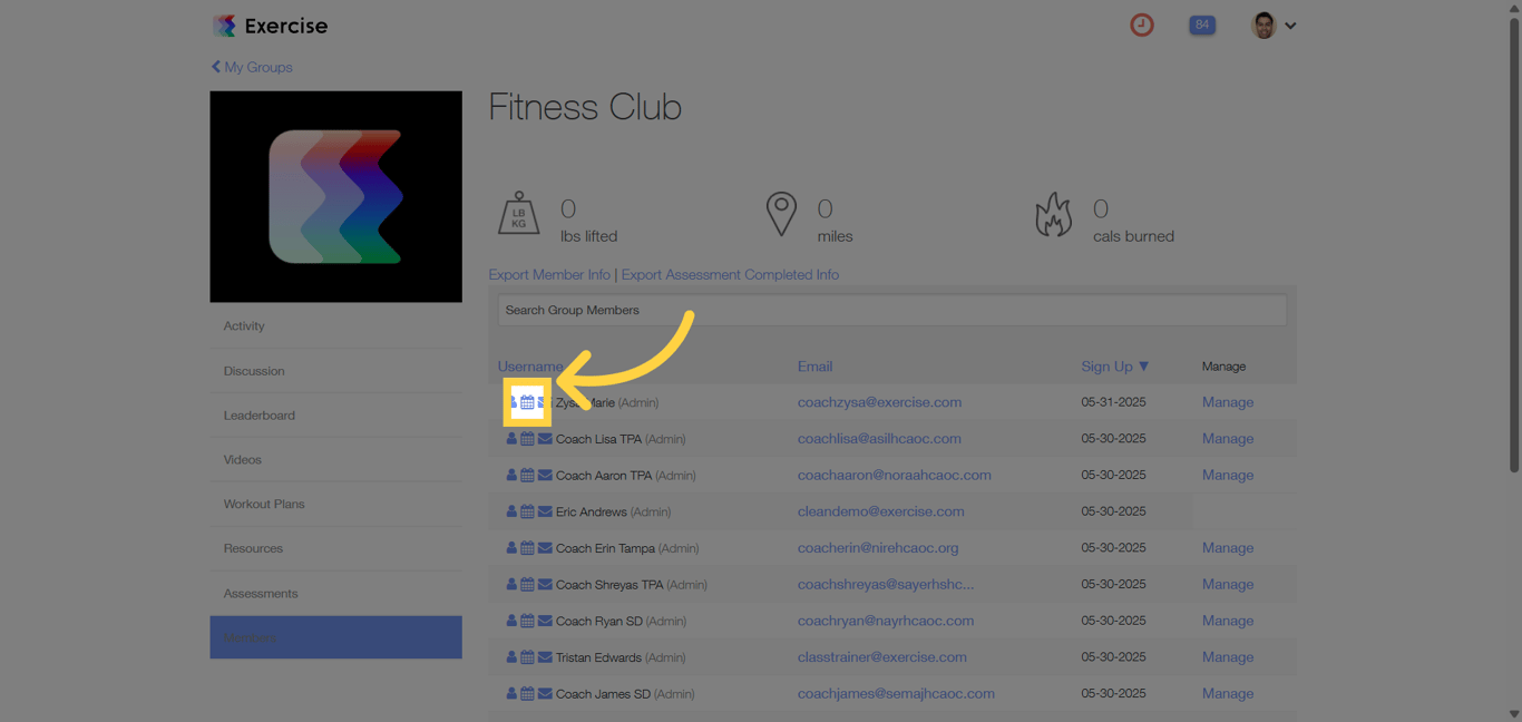 Calendar icon used to open a member’s journal view
