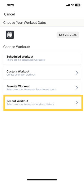 Tap 'Recent Workout'