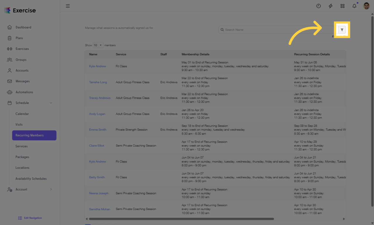 Filter recurring members by service.