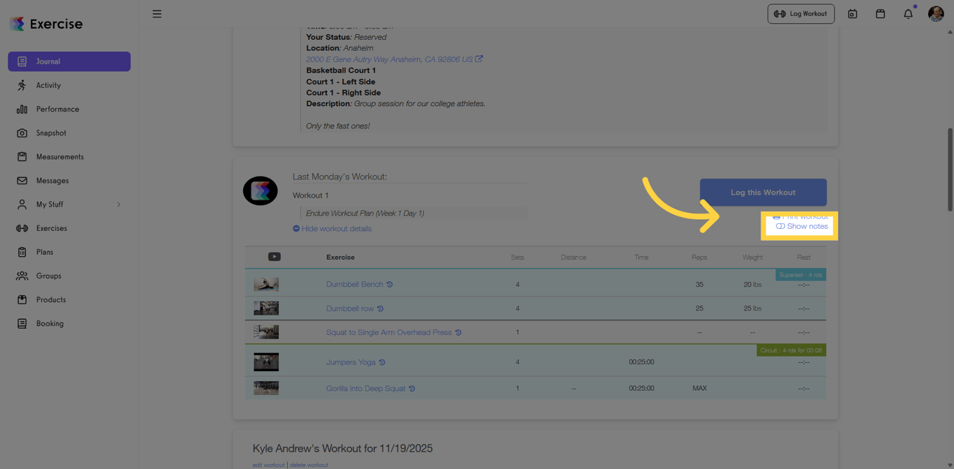 Show Workout Notes