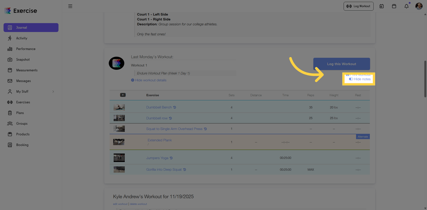 Hide Workout Notes