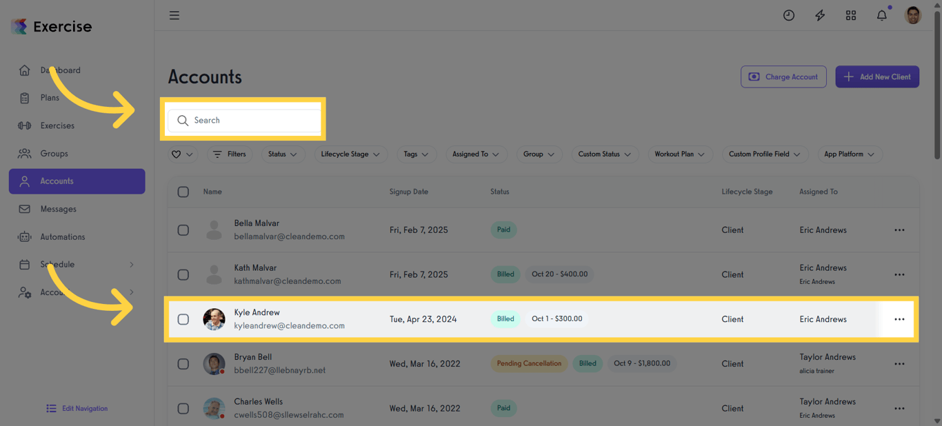 Search for or select a client to manage payment information.