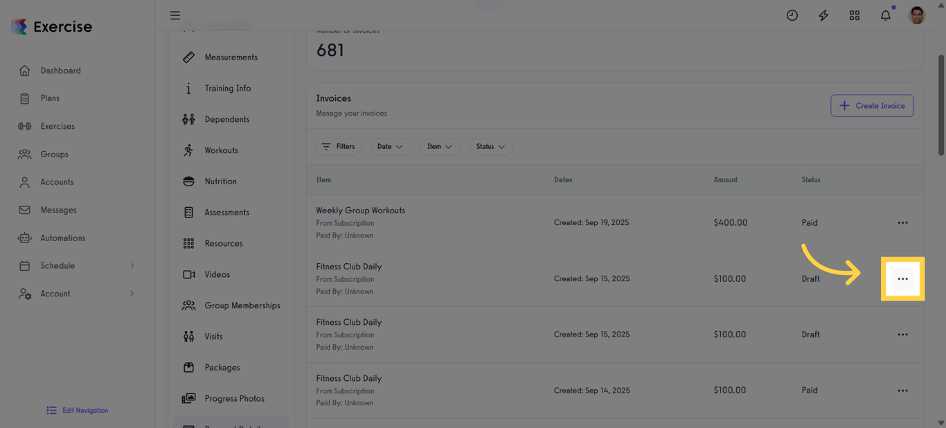 Click the three-dot menu to open invoice options.