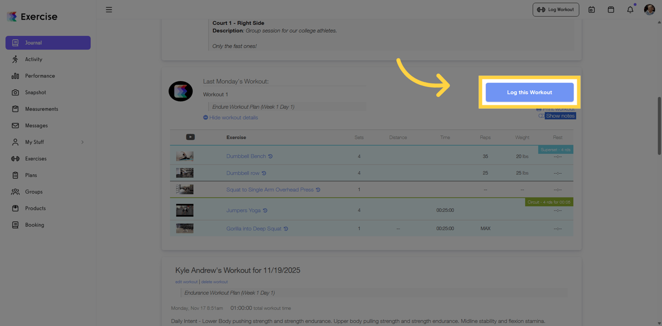 Click Log this Workout