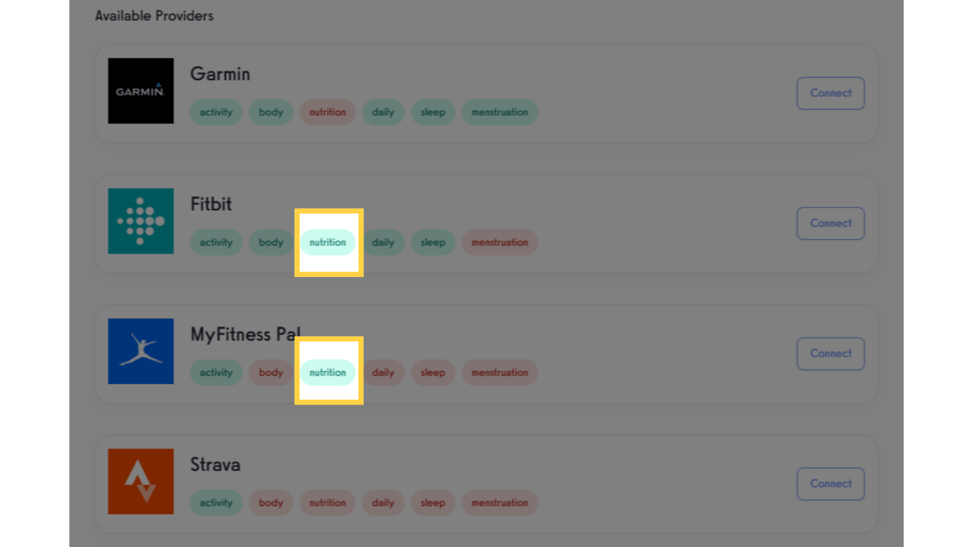 Nutrition logs will be logged with nutrient breakdowns on the Nutrition page.