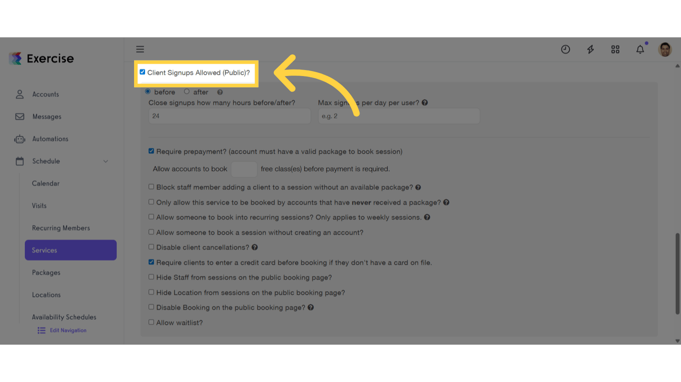 Click “Client signups allowed?”