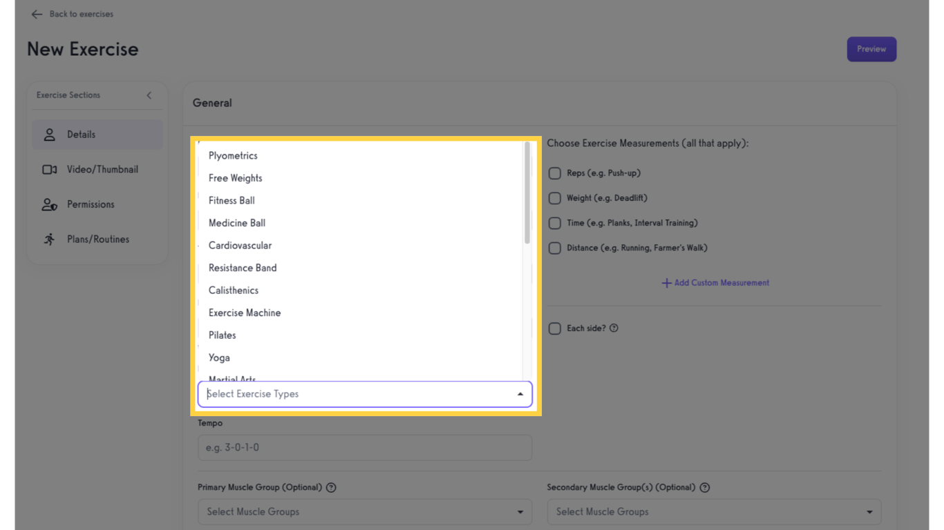 Click the 'Exercise Types' field.