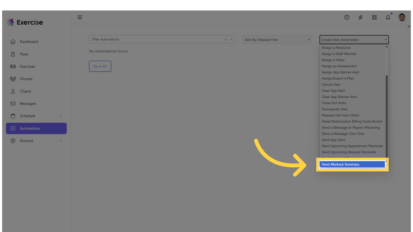 Click on “Create New Automation” and select 'Send Workout Summary' from the drop-down.
