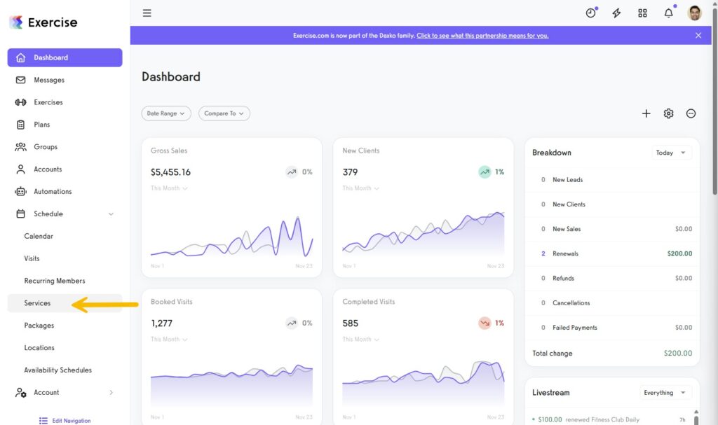 Accessing the Services menu from the Schedule tab.