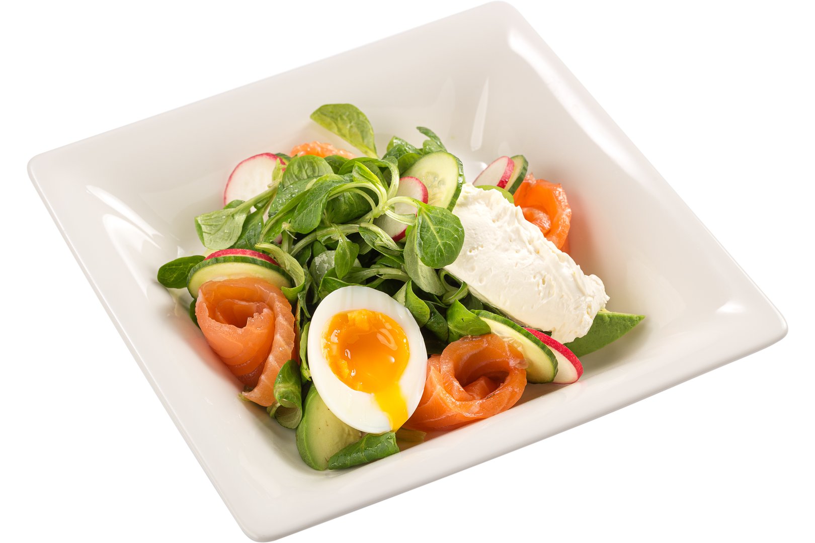 Photo Dish Scandinavian salad with salmon and egg sous vide