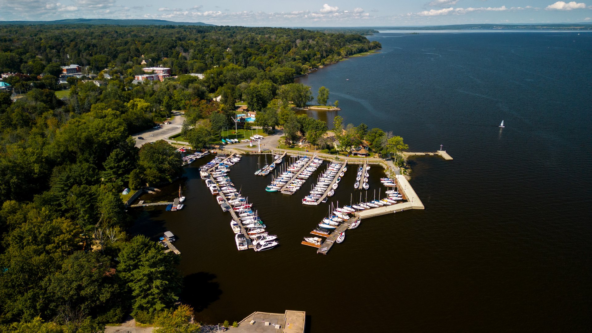 Aerial view of the Hudson waterfront and marina along the Ottawa River