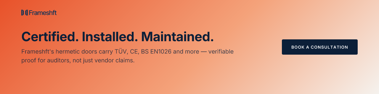 Certified. Installed. Maintained. Frameshft's hermetic doors carry TÜV, CE, BS EN1026 and more — verifiable proof for auditors, not just vendor claims.