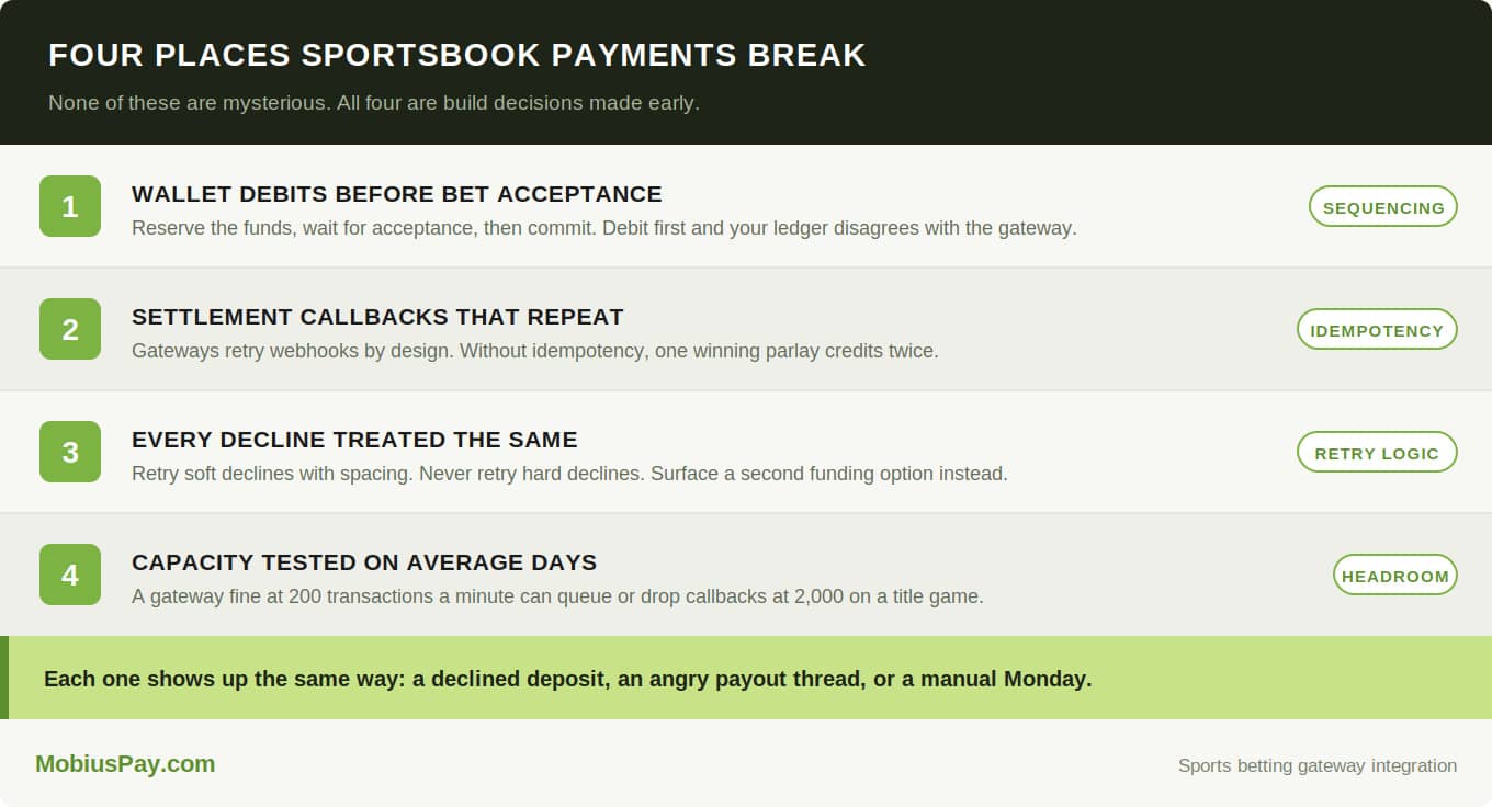 Four sportsbook payment failure points: wallet debit sequencing, non-idempotent callbacks, undifferentiated decline retries, untested peak capacity