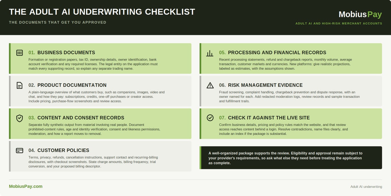 Seven document categories for adult AI merchant account underwriting, from business papers to checking the package against the live site
