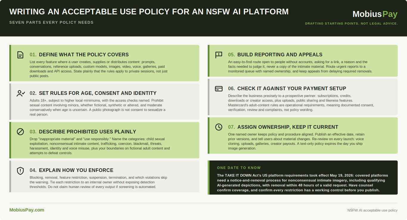 Seven parts of an acceptable use policy for an NSFW AI platform, plus the TAKE IT DOWN Act deadline