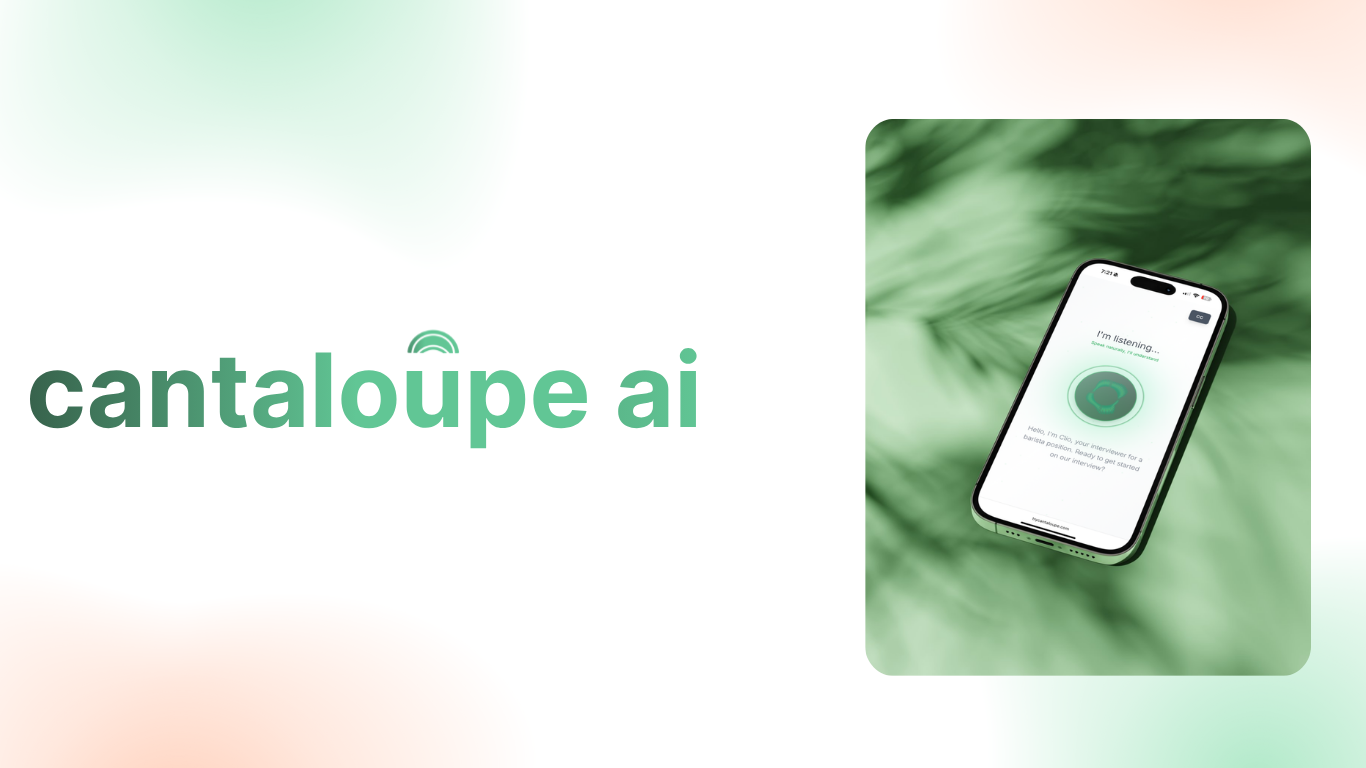 Image of cell phone with Cantaloupe AI's Clio agent interview on the screen