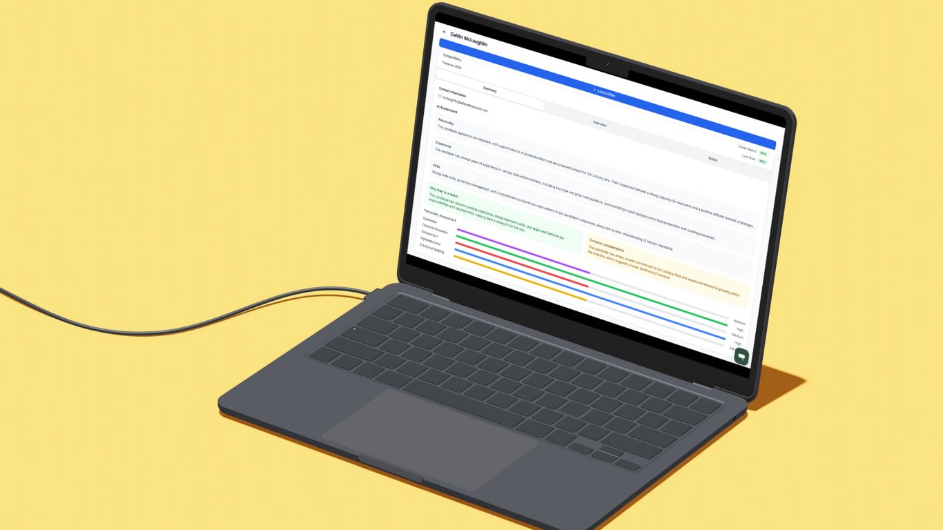 Cantaloupe AI's candidate dashboard results are shown, as a hiring manager would see them. These results include personality assessment, experience, turnover risk and more.