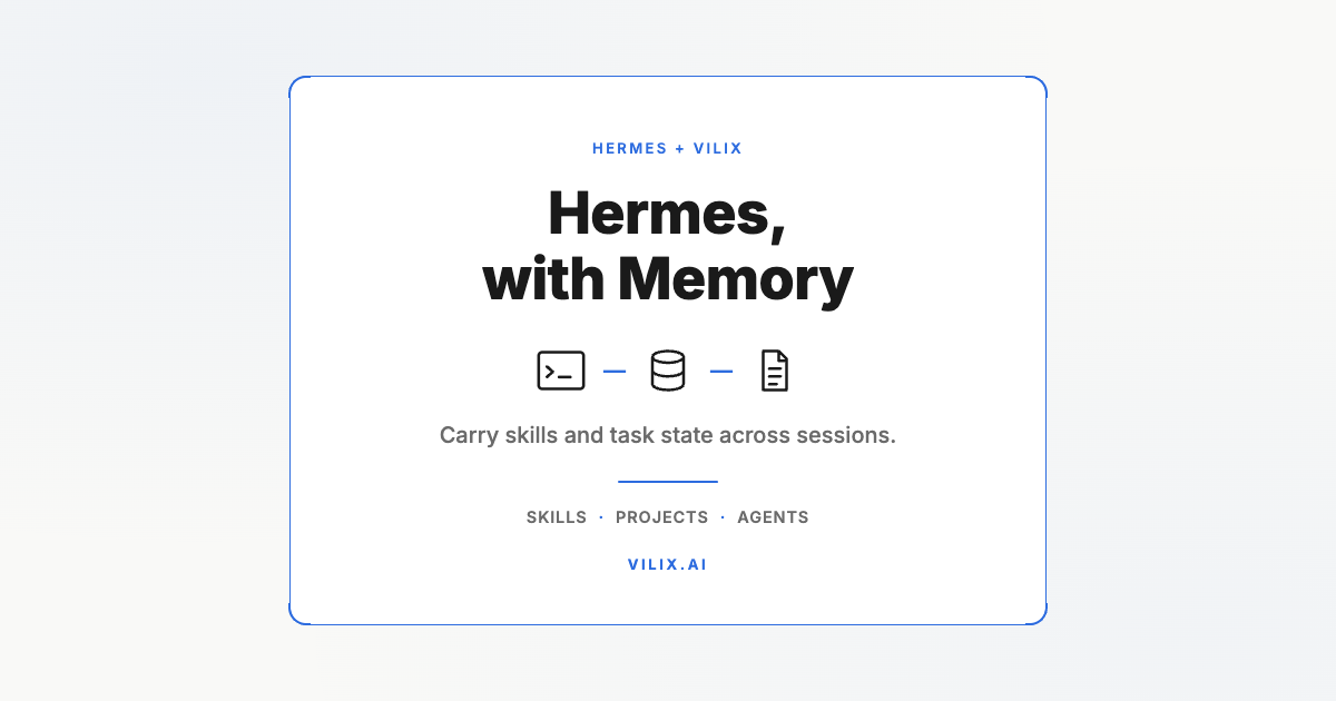 Hermes, with Memory. Carry skills and task state across sessions. Vilix AI.