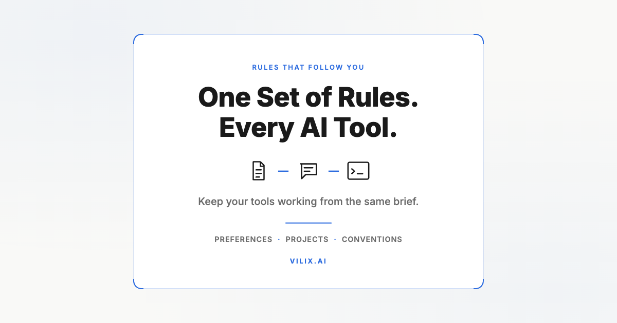 One Set of Rules. Every AI Tool. Keep your tools working from the same brief. Vilix AI.