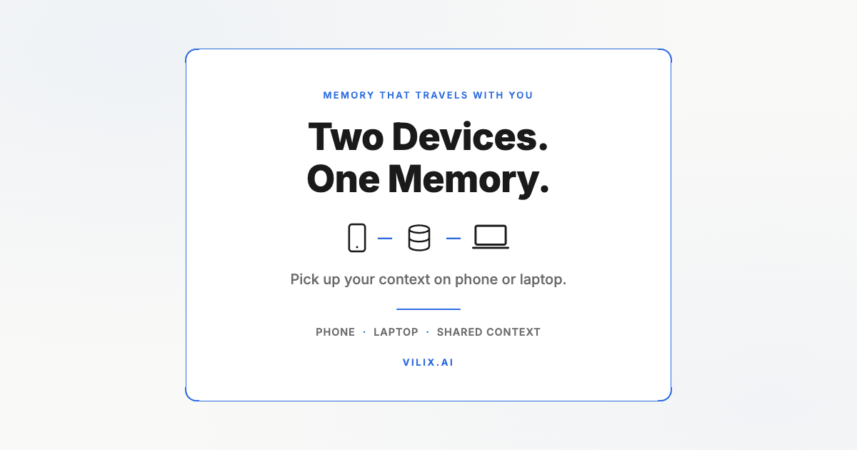Two Devices. One Memory. Pick up your context on phone or laptop. Vilix AI.