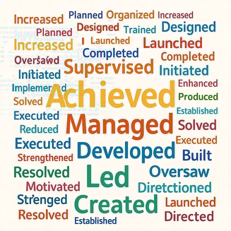 Word cloud of popular resume action verbs and power words