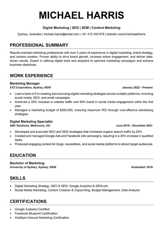 Clean and simple ATS-friendly resume template example for a digital marketing professional 