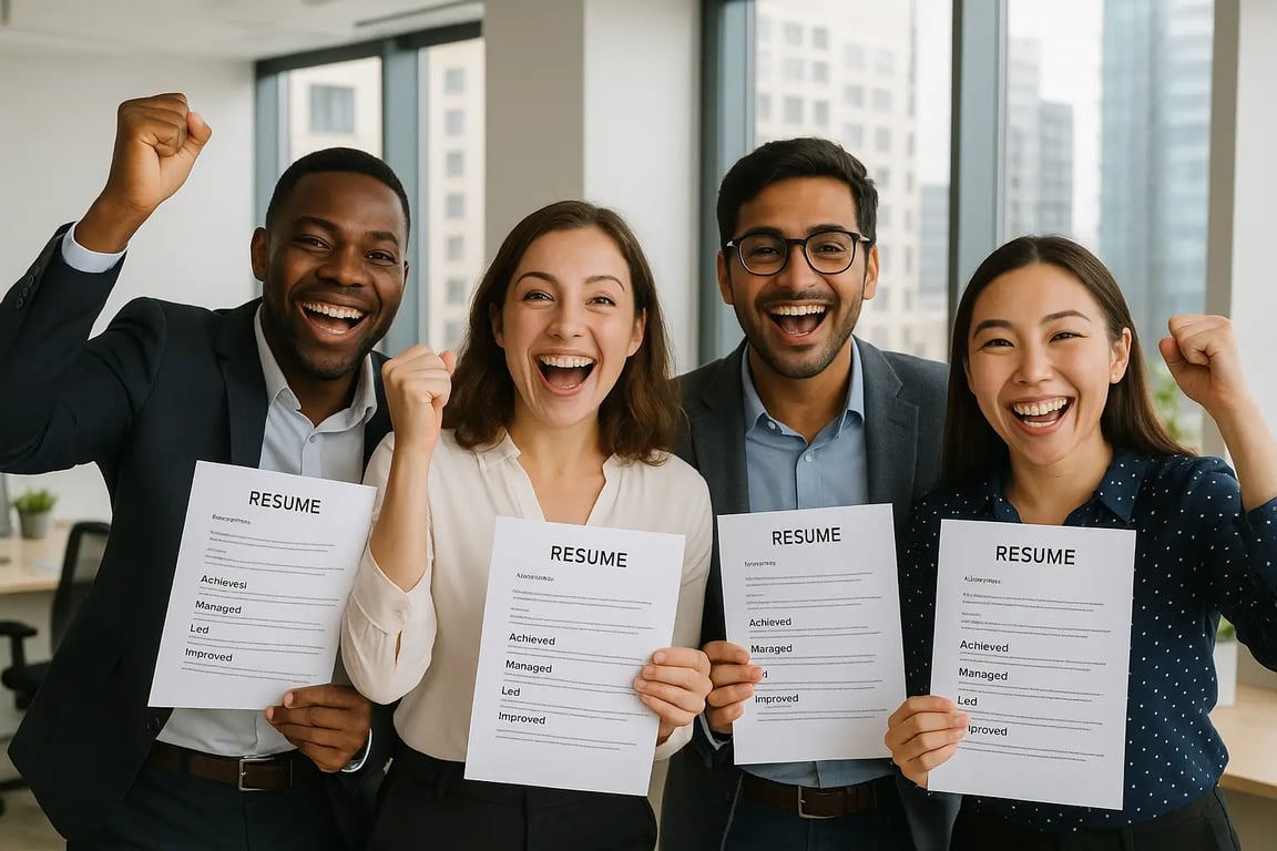 Job seekers celebrating successful interviews after optimizing resumes with power words
