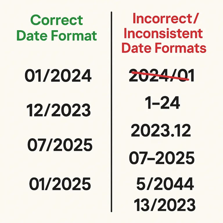 Examples of proper ATS-friendly date formatting versus problematic inconsistent formats
