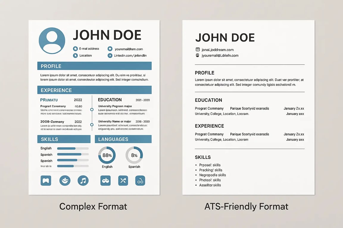 Side-by-side comparison of complex resume design versus ATS-friendly simple format