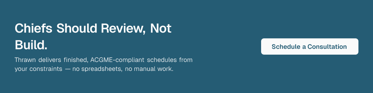 Chiefs Should Review, Not Build. Thrawn delivers finished, ACGME-compliant schedules from your constraints - no spreadsheets, no manual work.