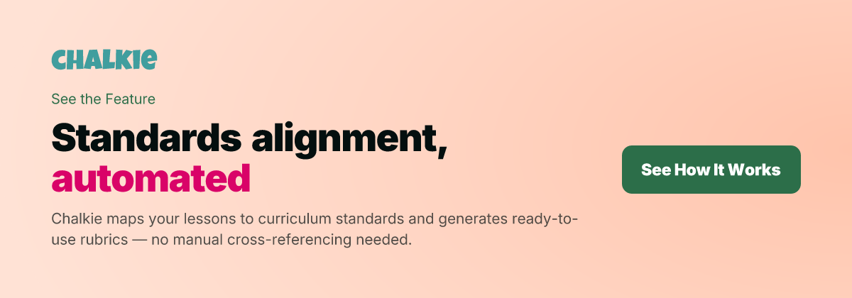 Standards alignment, automated. Chalkie maps your lessons to curriculum standards and generates ready-to-use rubrics — no manual cross-referencing needed.