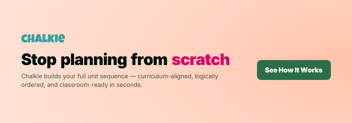 Stop planning from scratch. Chalkie builds your full unit sequence — curriculum-aligned, logically ordered, and classroom-ready in seconds.
