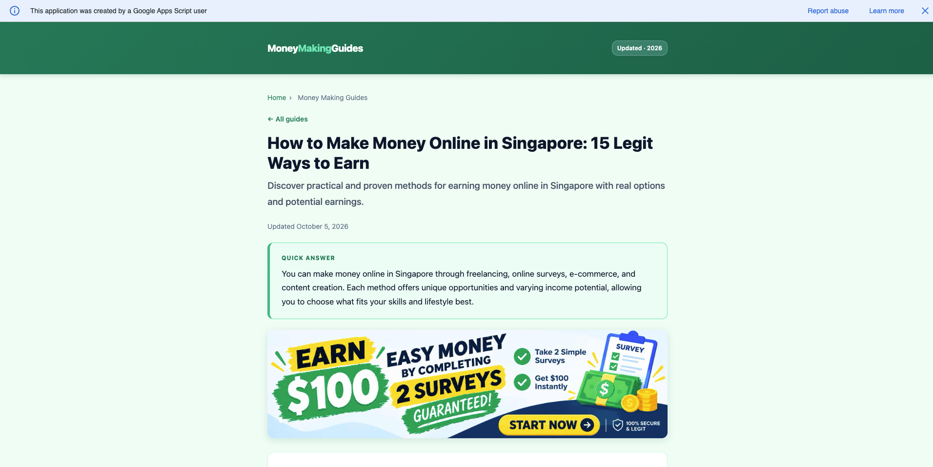 Money Making Guides article on making money online in Singapore, with a Quick Answer box and a large banner promising 100 dollars for completing 2 surveys.