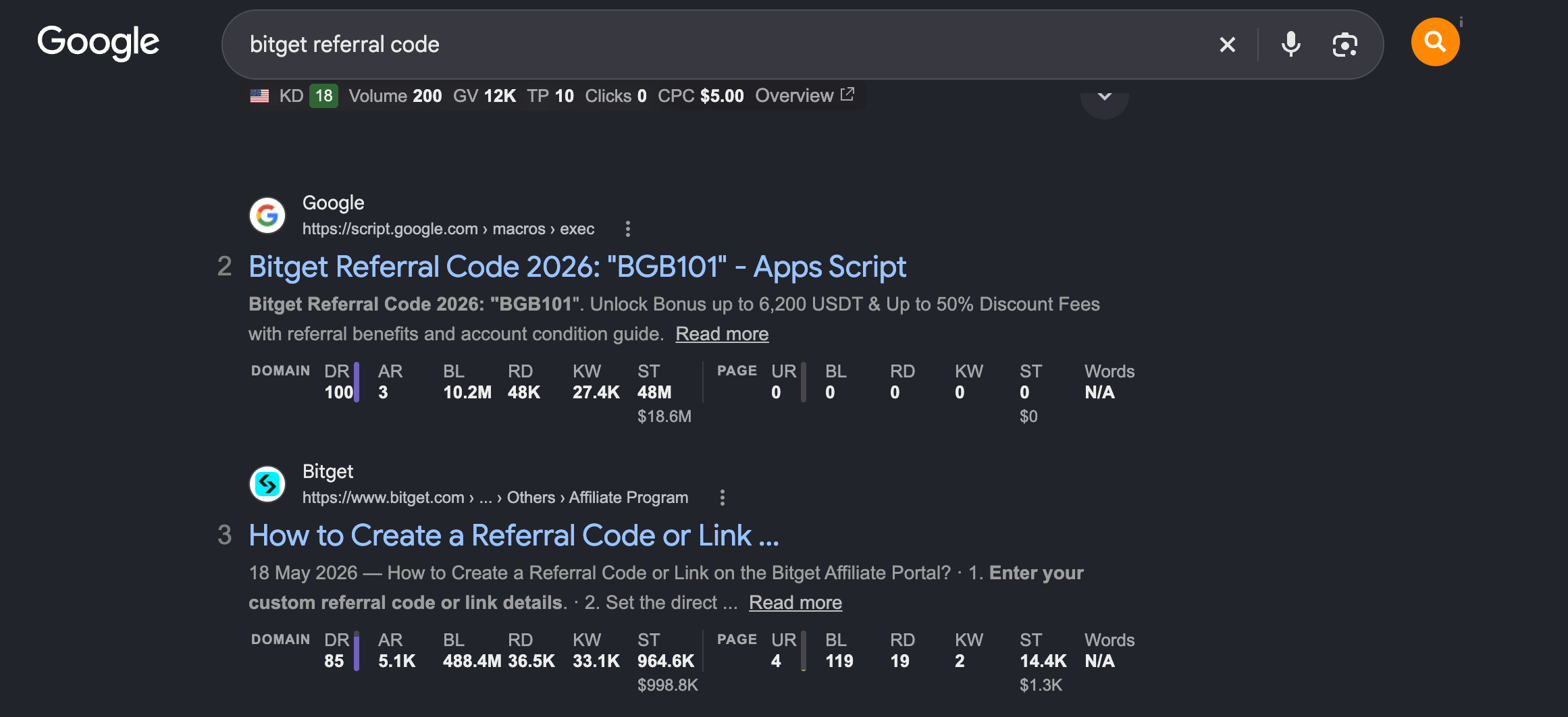 Google results for 'bitget referral code'. The Apps Script page titled 'Bitget Referral Code 2026: BGB101 - Apps Script' ranks above Bitget's own affiliate help page.