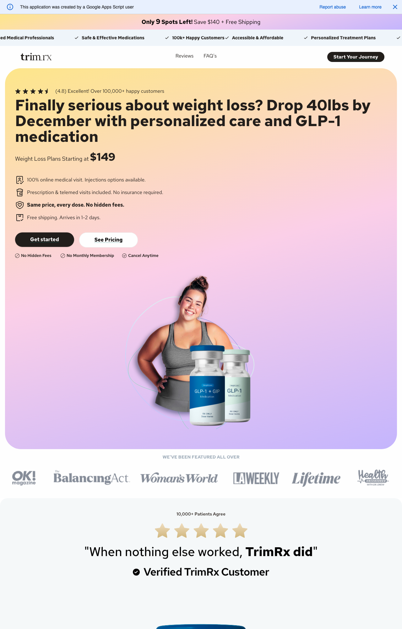 Under the Apps Script banner, a full-screen TrimRx weight-loss offer: 'Only 9 Spots Left! Save $140', 'Drop 40lbs by December', plans from $149.