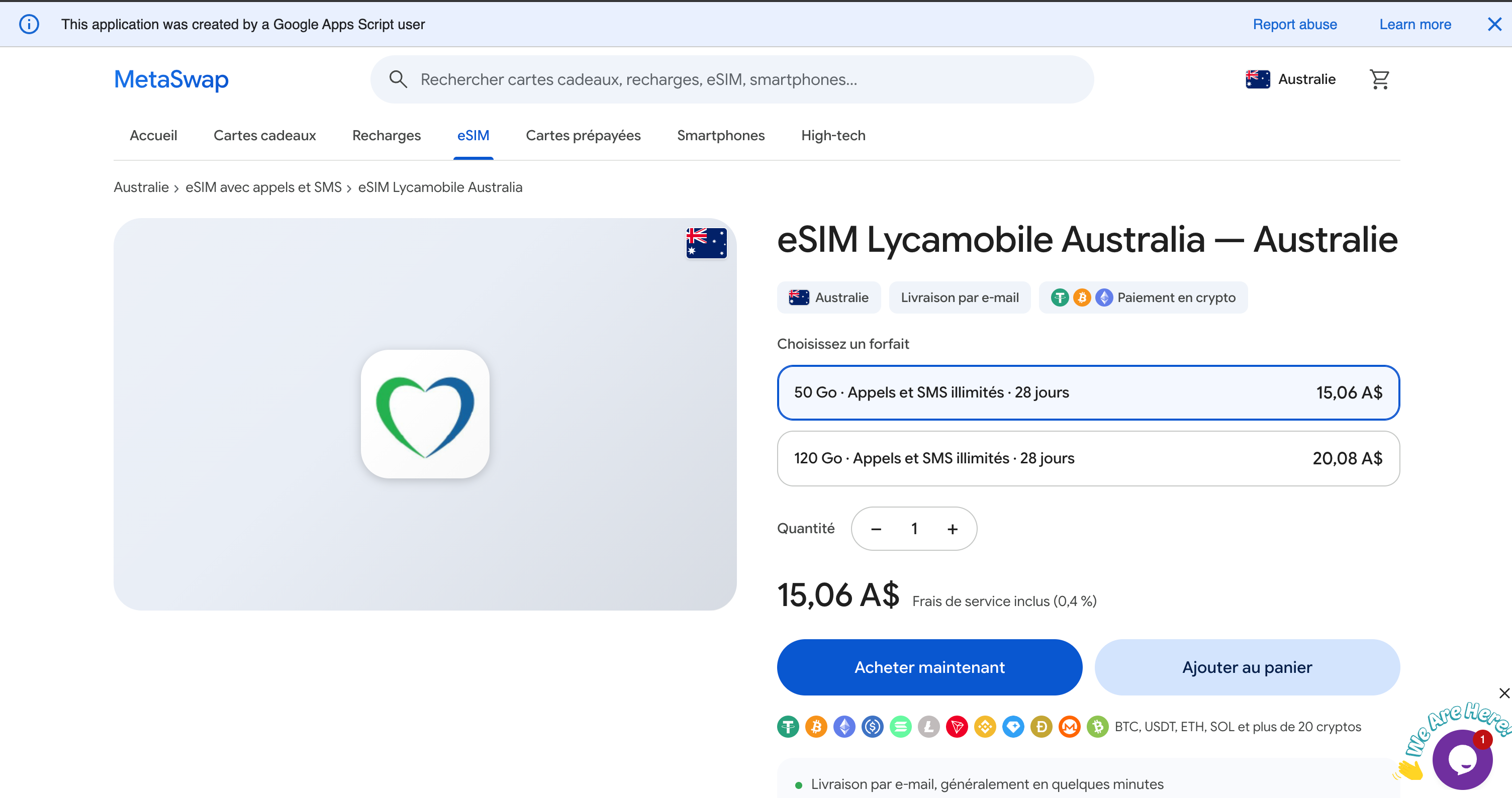 The MetaSwap store page for the Lycamobile Australia eSIM, with two plans, buy and add-to-cart buttons, and crypto payment icons.