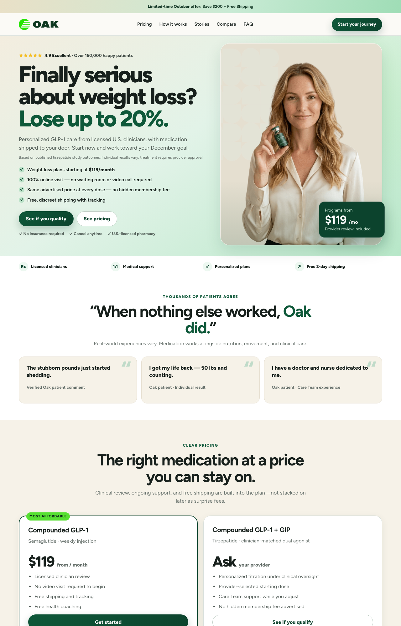 The 'Oak' GLP-1 offer page: 'Lose up to 20%', programs from $119 a month, compounded semaglutide and tirzepatide pricing cards.