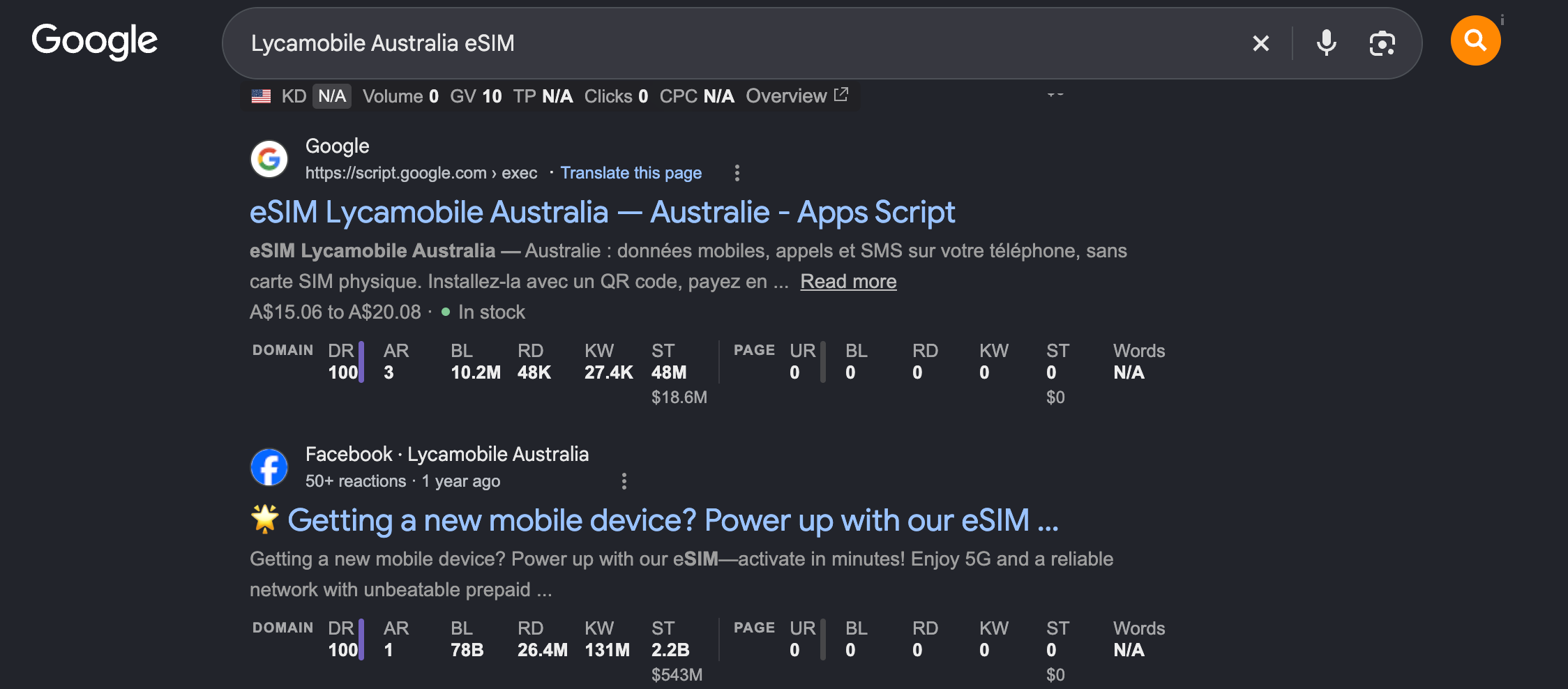Google results for 'Lycamobile Australia eSIM'. The first result is an Apps Script page in French with a product rich result showing A$15.06 to A$20.08 and In stock.