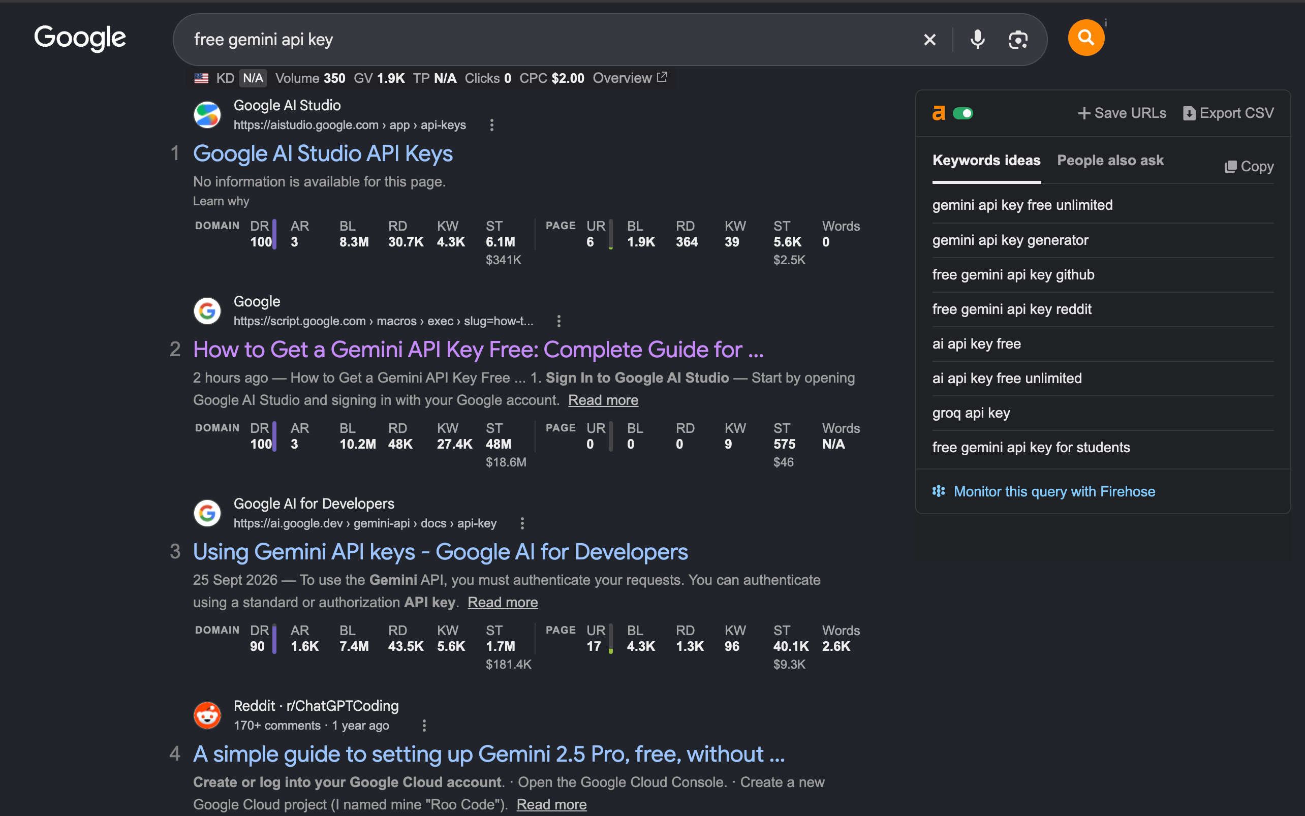 Google results for 'free gemini api key'. Google AI Studio is first. The Apps Script page is second, shown with the site name Google and a snippet dated 2 hours ago. Google's own Gemini docs are third.