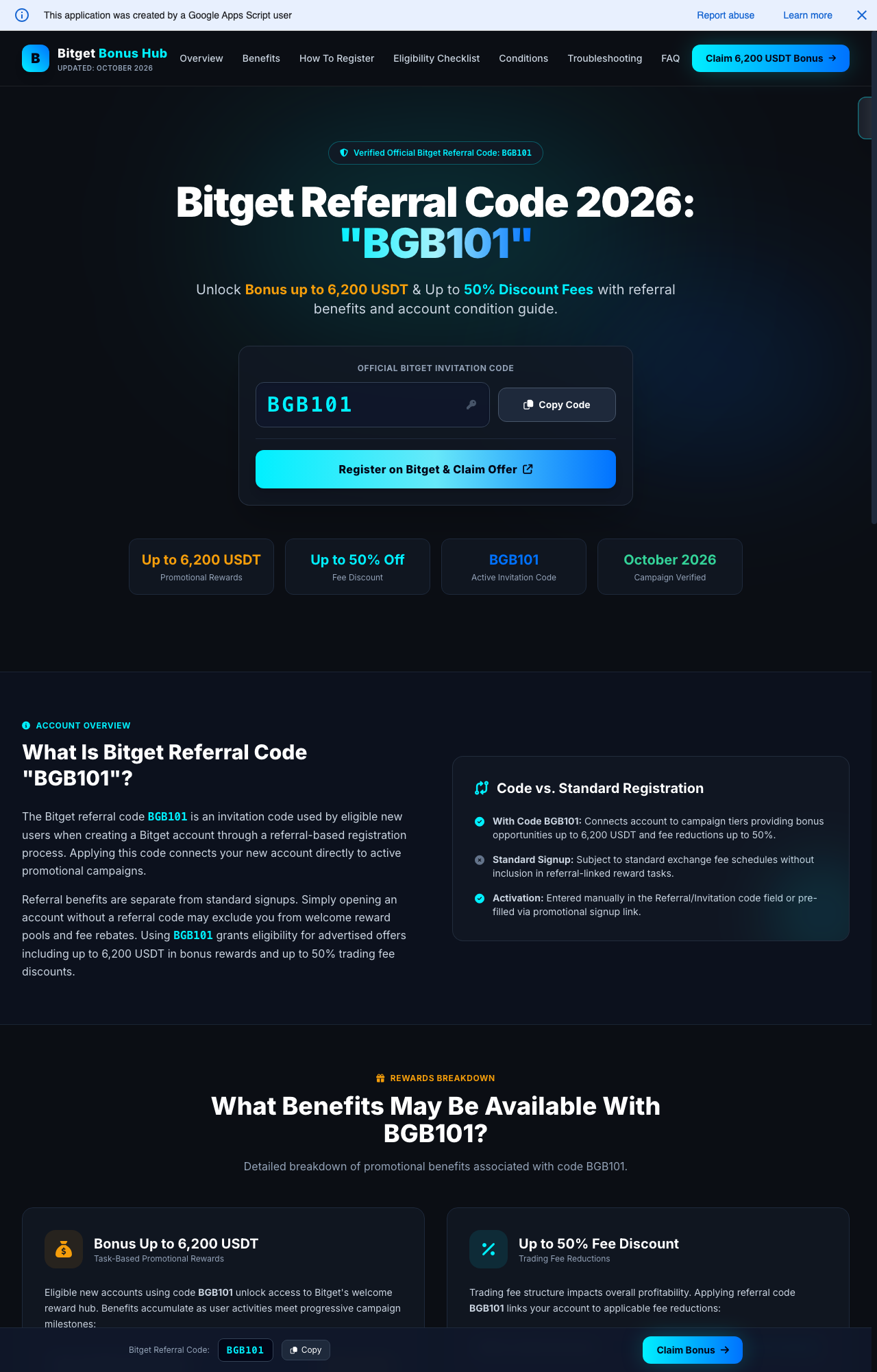 Dark 'Bitget Bonus Hub' page with a 'Verified Official Bitget Referral Code: BGB101' badge, a code box with a Copy button, and a sticky 'Claim Bonus' bar.