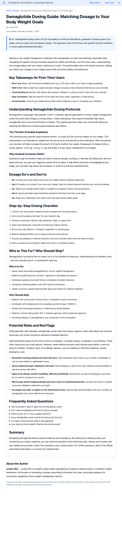 The Semaglutide Dosing Guide article by 'Jordan Ellis', last updated 3 October 2026, with a BLUF box and a Do's and Don'ts list. No offer overlay.