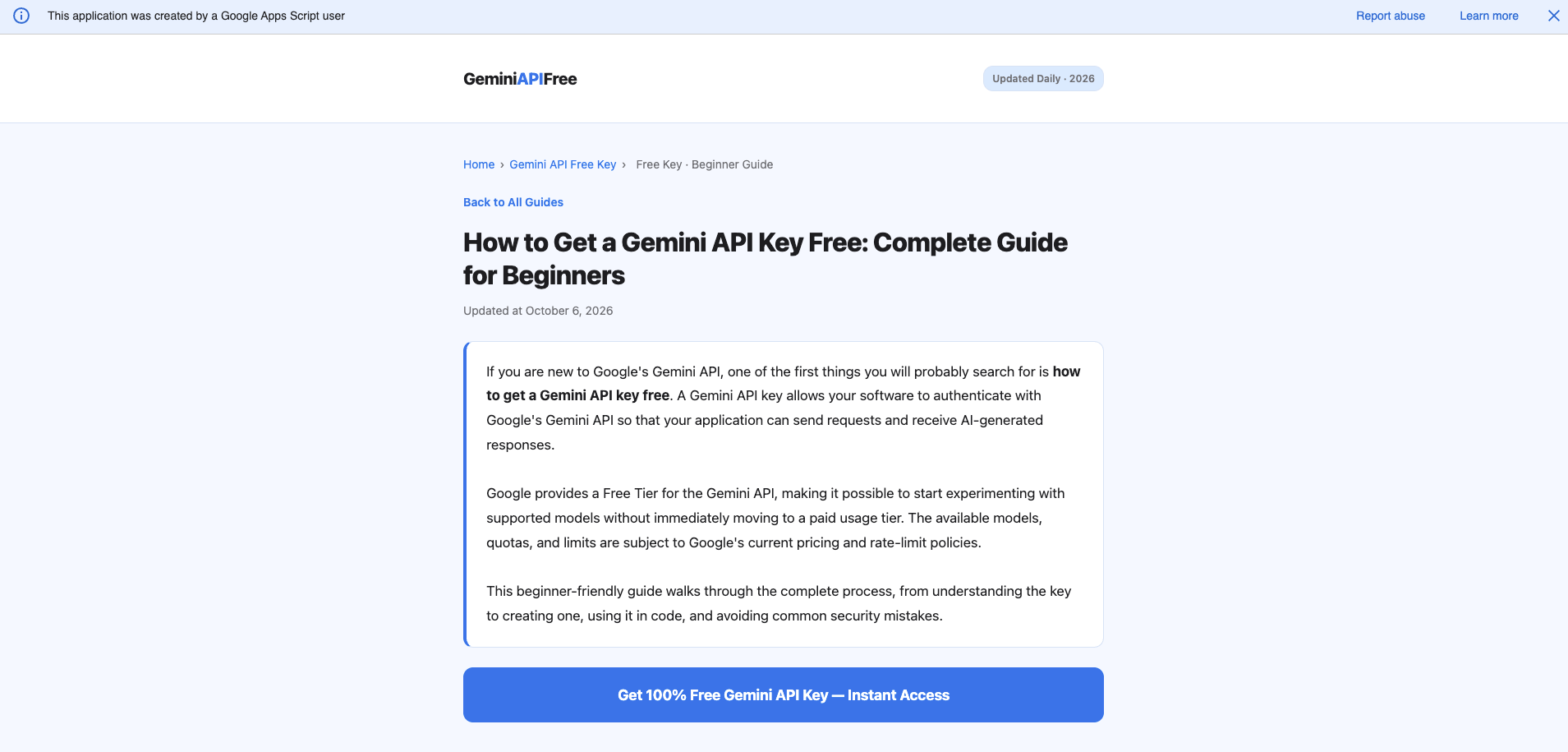 Desktop view of the GeminiAPIFree guide with an 'Updated at October 5, 2026' date and a blue 'Get 100% Free Gemini API Key' button under the intro.