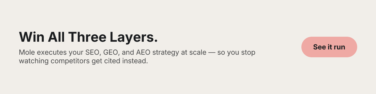 Win All Three Layers. Mole executes your SEO, GEO, and AEO strategy at scale — so you stop watching competitors get cited instead. See it run.