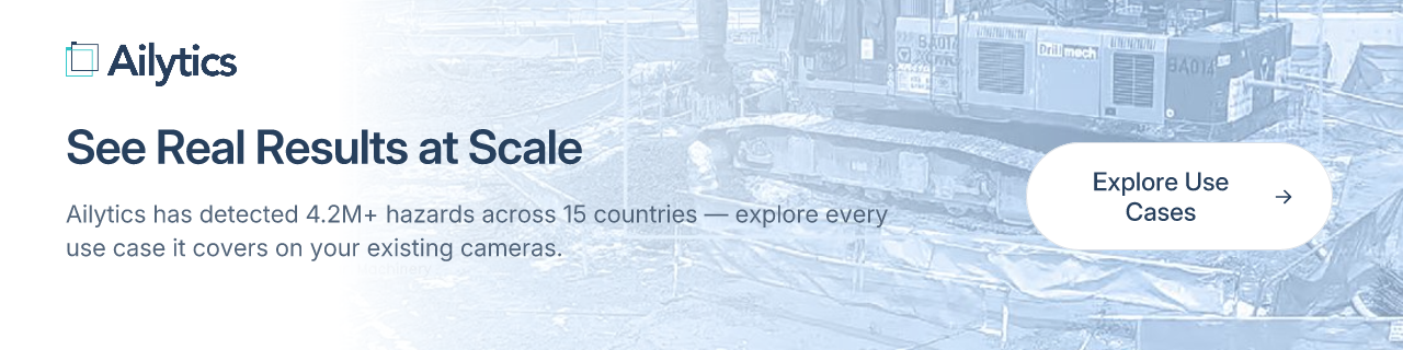 See Real Results at Scale Ailytics has detected 4.2M+ hazards across 15 countries — explore every use case it covers on your existing cameras. Explore Use Cases