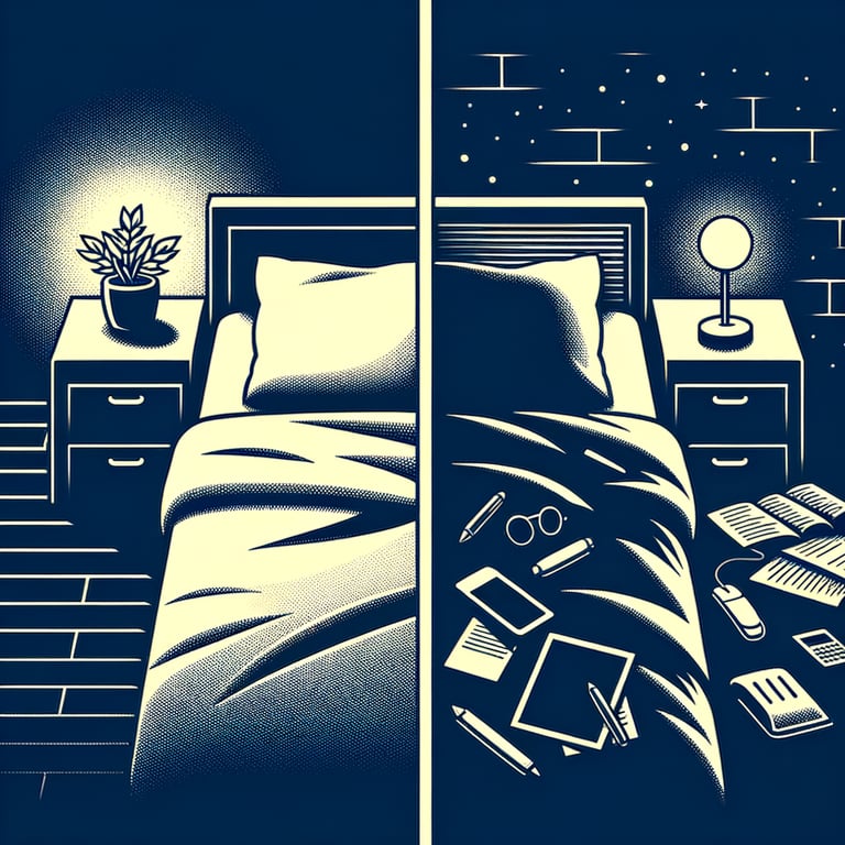 Split illustration comparing healthy exam preparation habits: peaceful bed representing proper sleep schedule versus cluttered nighttime desk showing harmful all-nighter study habits for students.