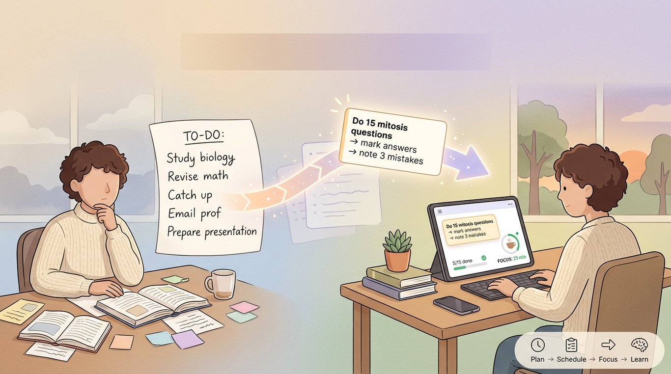 Editorial illustration of a student shifting from a cluttered desk and a vague to-do list (“study biology,” “revise math”) to a tidy workspace with a screen showing one highlighted next action (“do 15 mitosis questions”), a 25‑minute focus timer, and checkmarks, emphasizing calm, guided focus.