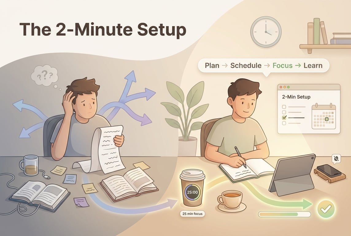 Editorial illustration of a student at a desk transitioning from a mildly messy, overwhelming study setup with scattered notes and a long to-do list to a calm, tidy workspace with one highlighted task on a laptop, a 25-minute focus timer, and a clear path forward shown by checkmarks and arrows.