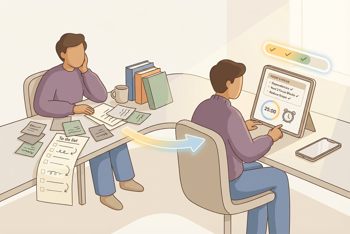 Editorial illustration of a student at a desk transitioning from a slightly messy, overwhelming to-do list and scattered notes to a tidy workspace with one clear task on a screen, a 25-minute timer, and checkmarks showing a simple recovery plan: dependencies, next two focus blocks, and reduced scope.