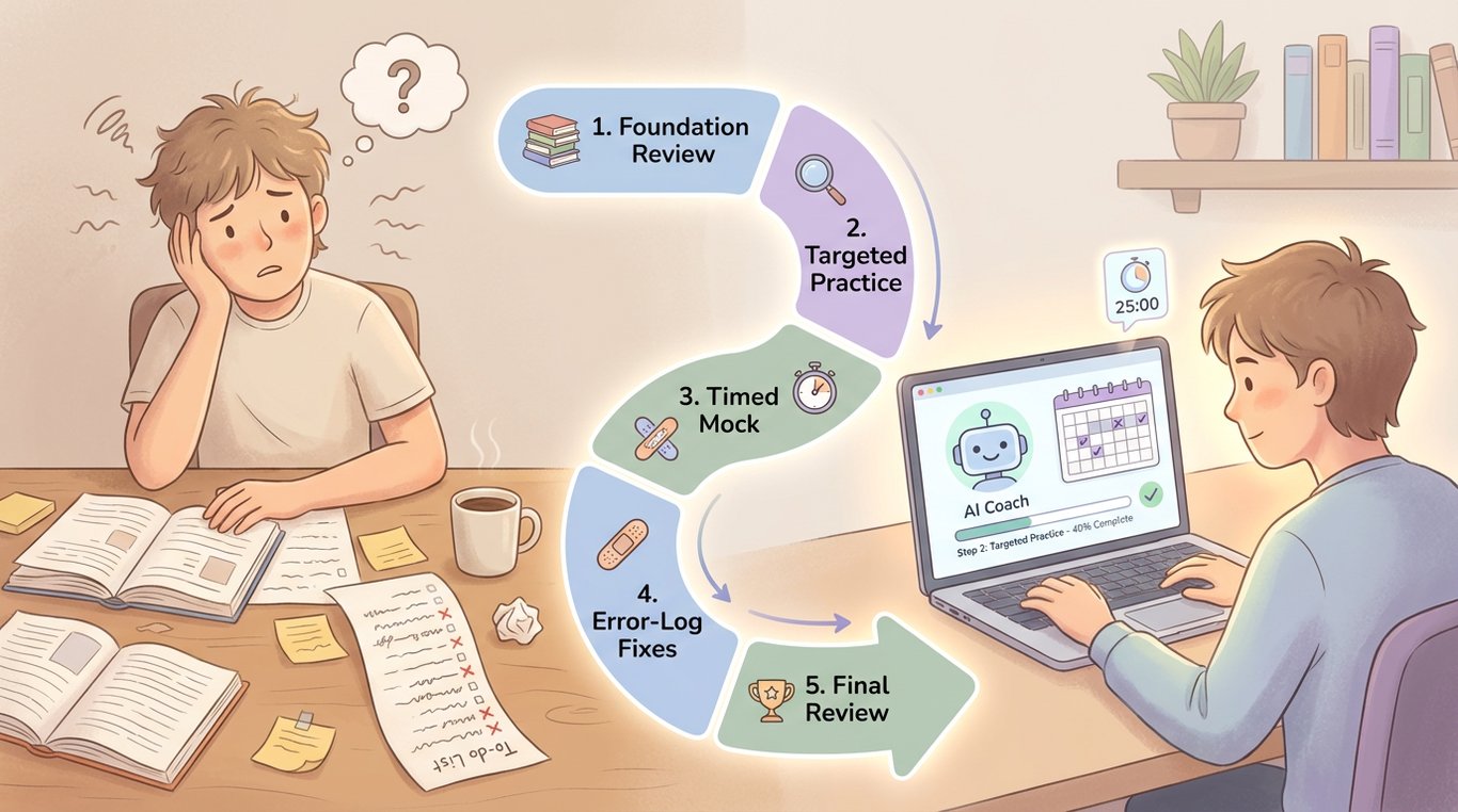 Illustration of a student moving from a cluttered, overwhelming study setup to a calm, organized workspace, guided by a five-step exam roadmap: foundation review, targeted practice, timed mock, error-log fixes, and final review. Subtle icons like a timer, checkmarks, calendar blocks, and a progress path show how better planning leads to focused study.